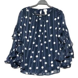 Chicos Polka Dot Pleat-Sleeve Top Women's 1P (8 Medium Petite) Blue and White